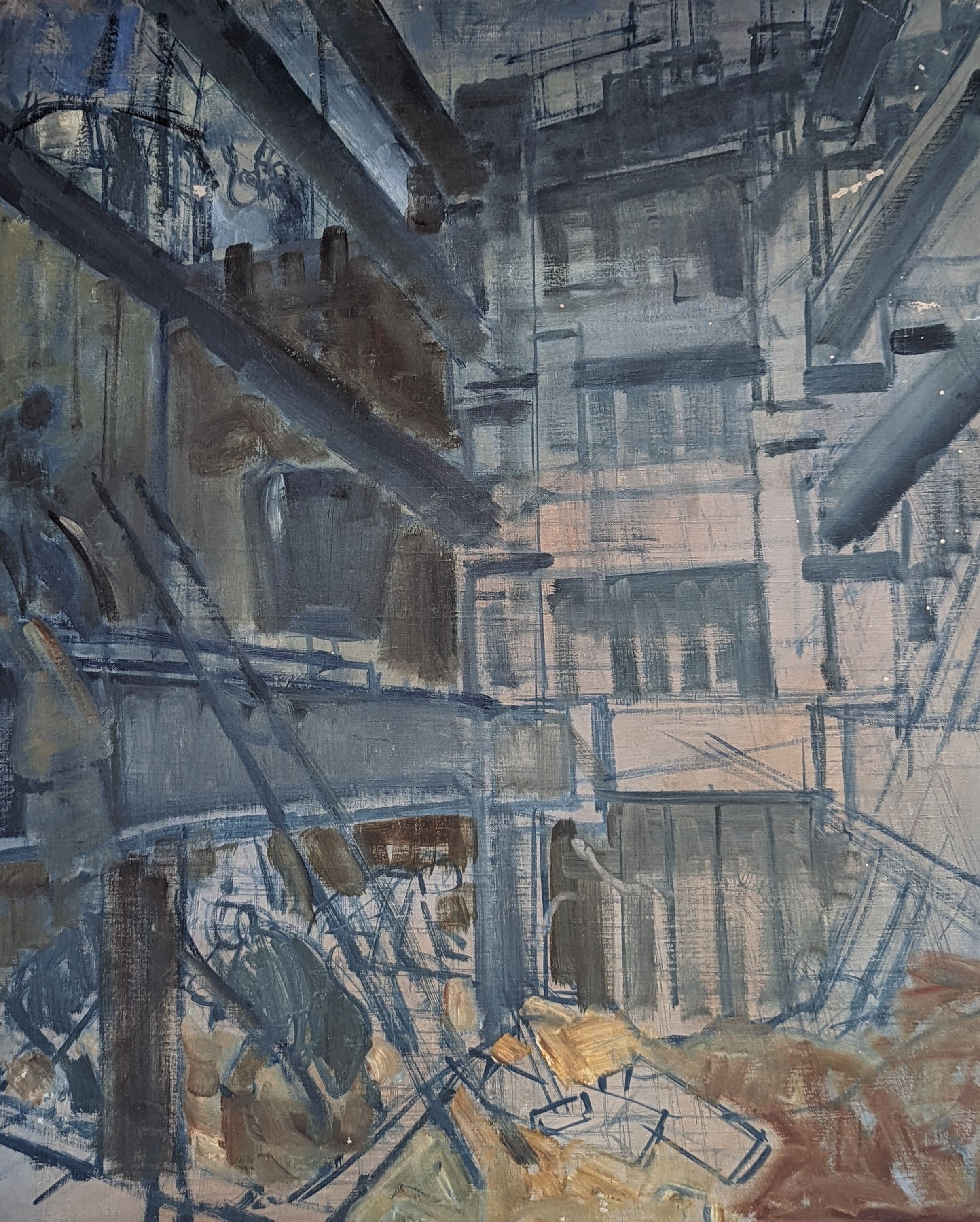 Henry James Neave (1911-1971), two unfinished oil on canvas sketches, Harbour scene and Construction workers, 51 x 61cm and 55 x 46cm, both unframed